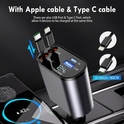 4 IN 1 Retractable Super Fast Car Charger With 120W