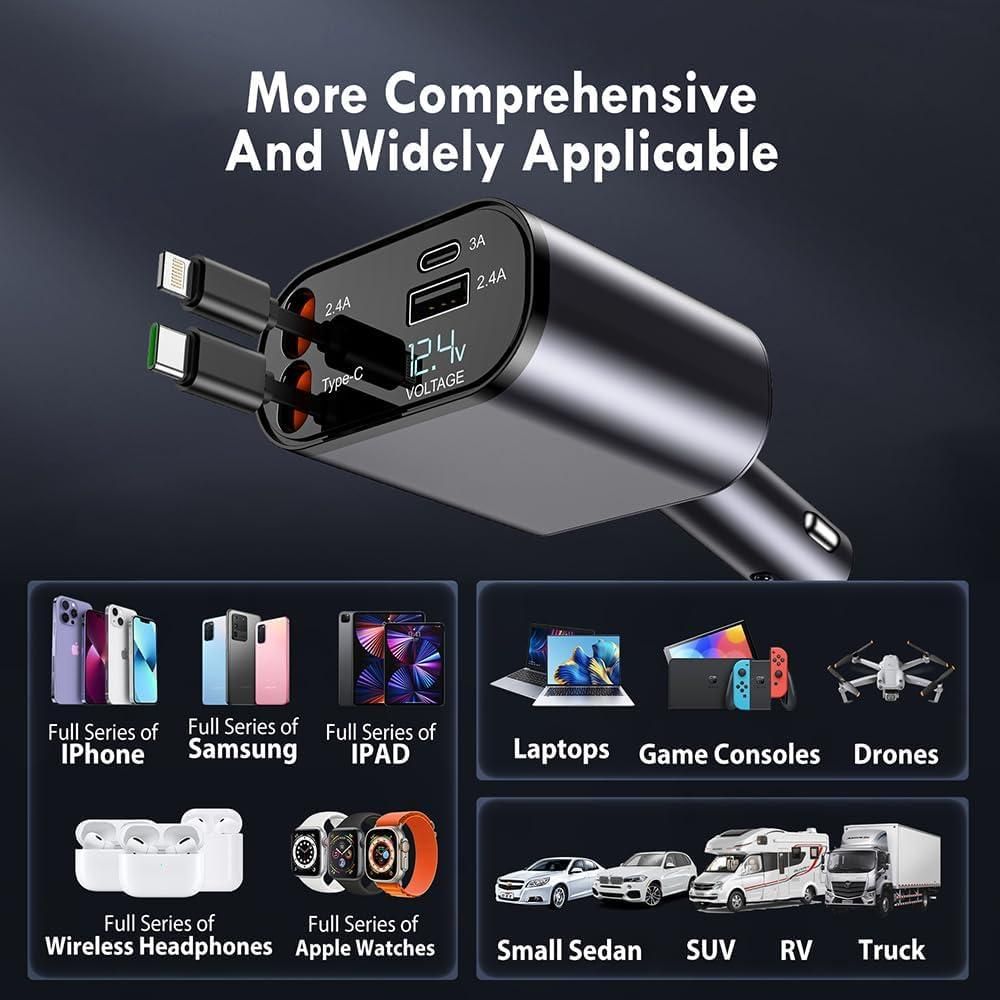 4 IN 1 Retractable Super Fast Car Charger With 120W